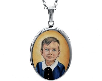 May include: Silver oval locket necklace with a painted portrait of a young boy wearing a blue shirt. The boy has short brown hair and blue eyes.