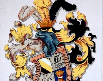 Personalized family crest painting, featuring a hand-painted coat of arms on a large canvas