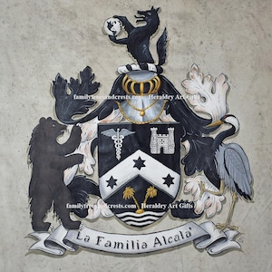 Custom Created Coat of Arms Painting, Hand painted Family Crest w. Shield Supporters - Family Crest Gift