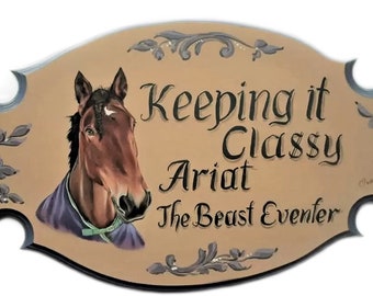 Custom horse plaque portrait painting stall plaque 11.5 x 20 inch with floral decor