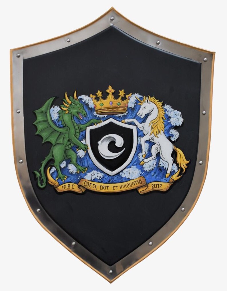 Knight shield, hand-painted with a company logo, inspired by an image generated by AI.