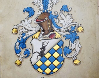 Family Crest Painting Hand painted Coat of Arms Design, Family Crest Wedding Gift Idea Watercolor Paper or Canvas