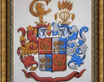 XL Hand Painted Family Crest Coat of Arms Paintings: Traditional Heraldry Art on Canvas