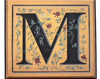 Hand painted monogram, letter M - with delicate floral design