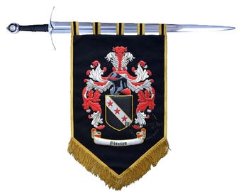 Family crest hand embroidered banner, artist designed family Coat of Arms embroidery