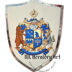 AI generated family crest hand painted on metal knight shield w. wolf and bear shield supporters
