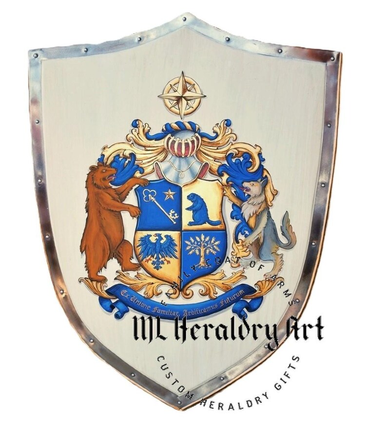 AI generated family crest hand painted on metal knight shield w. wolf and bear shield supporters