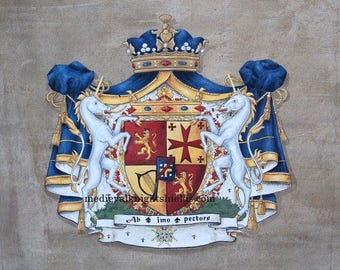 Family Crest Coat of Arms w. shield supporters hand painted on Leather