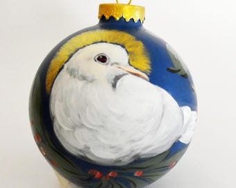 Hand Painted Dove Christmas Ball Ornament: Bauernmalerei Floral Glass