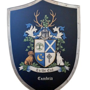 AI generated family crest hand painted on metal knight shield w. dog and cat