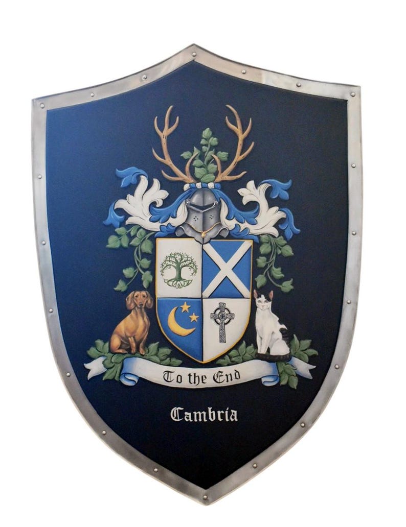 AI generated family crest hand painted on metal knight shield w. dog and cat