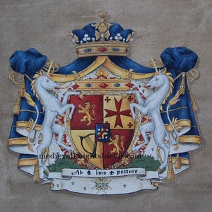 Family Crest Coat of Arms Painting on Leather, Hand Painted Coat of Arms Design with Shield Supporters -