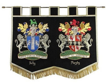 Hand Embroidered Double Family Crest Wedding Banner: Anniversary Gift