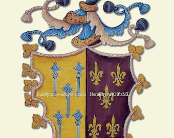 May include: A heraldic shield with a yellow and purple background. The yellow side features five blue keys with gold accents. The purple side features three gold fleurs-de-lis. The shield is surrounded by a gold rope border and gold leaf accents. The text "familytreesandcrests.com HeraldryArtGiftsMI" is visible at the bottom of the shield.
