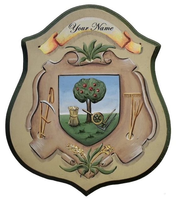 Hand Painted Farmer Coat of Arms Plaque – Personalized Family Name 