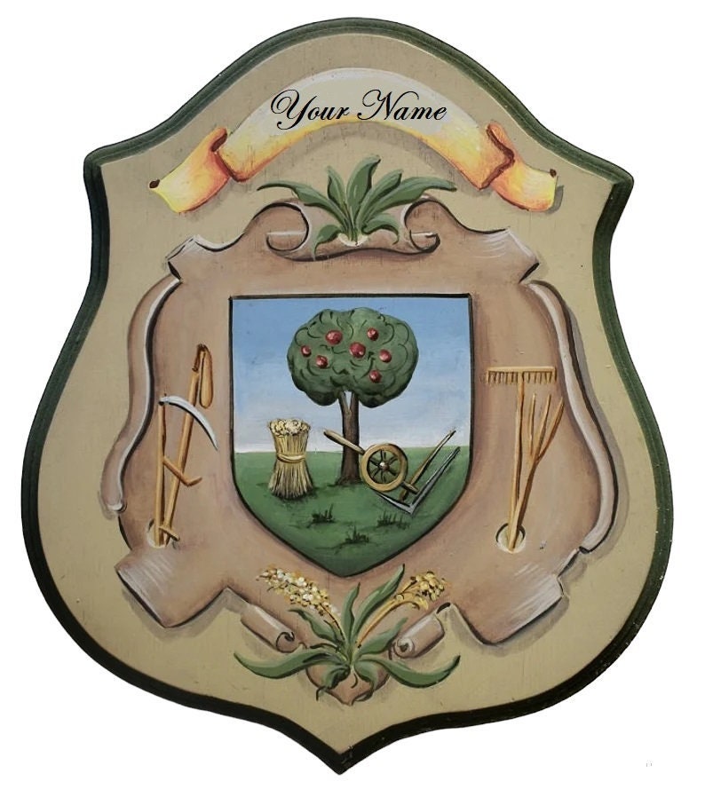 Hand Painted Farmer Coat Of Arms Plaque - Personalized Family Name Crest