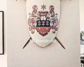 Scudo con stemma di famiglia dipinto a mano: stemma di cavaliere medievale, decorazione murale