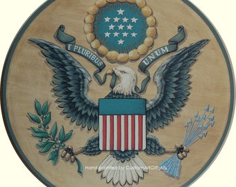 The Great Seal of the United States of America detailed US State Seal & City Seal, Coat of Arms painting on wooden plaque or shield