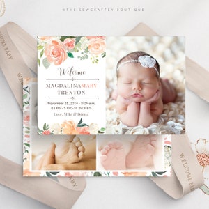 Modèle de faire-part de naissance floral abricot, bienvenue bébé, petit, PSD, modifiable téléchargement, téléchargement immédiat