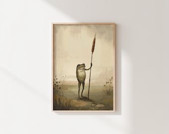 Lámina artística de rana con espadaña, decoración campestre caprichosa (descarga digital)