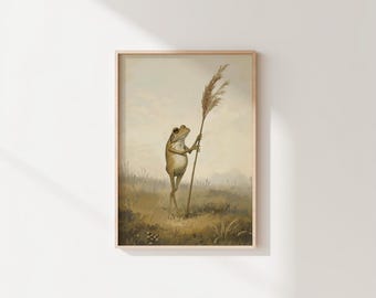 ヴィンテージのカエルの版画、コテージコアの葦の絵画（デジタルダウンロード）