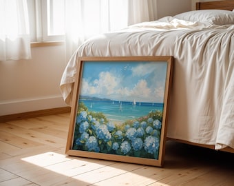 Stampa artistica con ortensie costiere e barca a vela: decorazione nautica da spiaggia (download digitale)