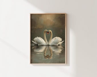 Swan Vintage Lake Art Print, Romantic Swans Painting (Digital Download)