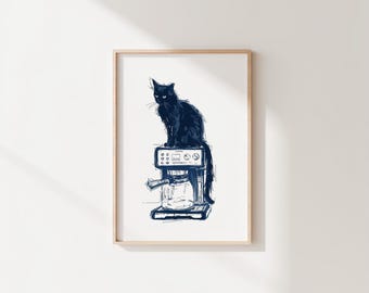 Impresión de gato negro con café: obra de arte moderna para la cocina