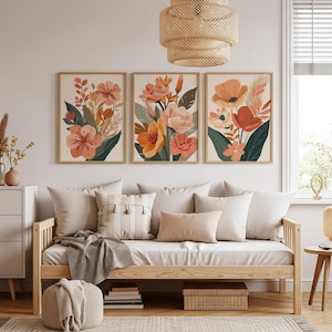 Boho Floral Wall Art Set of 3: Mid-Century Modern Botanical Prints (Digital Download)