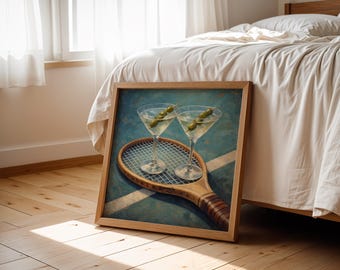 Retro Martini & Tennis Racket Art Print: Mid-Century Bar Decor (Digital Download PNG)