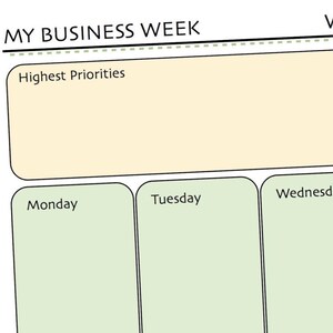 Formularz tygodniowego planera do wydrukowania My Business Week – spotkania, skategoryzowane listy zadań do wykonania, cele, codzienne przypomnienia – zaktualizowany z nowym wyglądem!
