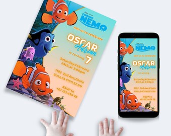 May include: A birthday invitation featuring characters from the movie "Finding Nemo." The invitation includes the text "OSCAR Adrian is turning 7" and event details. A smartphone displays the same design. The invitation is light blue and orange.