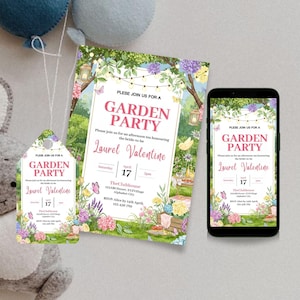 Könnte beinhalten: Ein Set von Gartenparty-Einladungen, einschließlich eines Anhängers, einer Karte und einem Telefonbildschirm. Das Design zeigt Blumenillustrationen, Schmetterlinge und den Text "Garden Party" und "Laurel Valentine". Das Datum ist der 17. April.