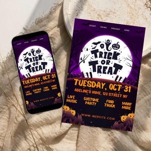 Lila Halloween-Einladungsvorlage: Gruselige Party einladen (Digitaler Download, bearbeitbare Canva-Vorlage)