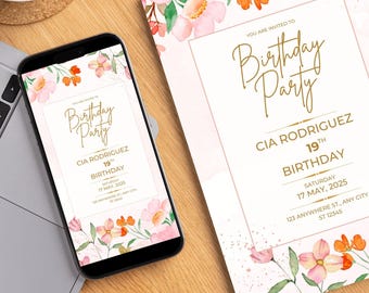 Pode incluir: Um convite para uma festa de aniversário e um smartphone exibindo o mesmo design. O convite e a tela do telefone apresentam um design floral com flores rosa e laranja. O texto diz "Birthday Party" e os detalhes do evento.
