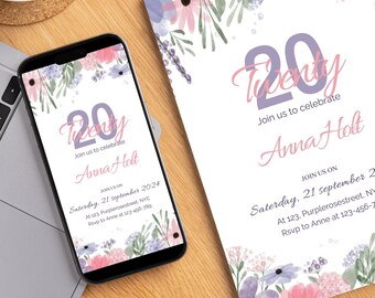 Pode incluir: Um smartphone e um convite impresso para uma festa de 20 anos. O convite e a tela do telefone exibem o número "20" em roxo, o nome "Anna Holt" e detalhes florais em rosa e azul. O convite inclui a data e o endereço.