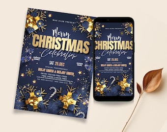 May include: A navy blue flyer and smartphone screen displaying a Christmas celebration advertisement. The design features gold text that reads "Merry Christmas Celebration" with event details, gold gift box illustrations, and snowflakes.