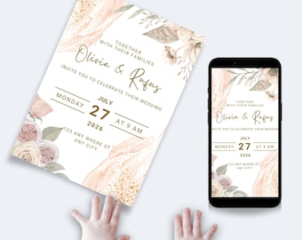Könnte beinhalten: Eine Hochzeitseinladung mit floralem Design, mit den Namen "Olivia & Rufus" und Veranstaltungsdetails. Die Einladung wird auf weißem Hintergrund zusammen mit einem Smartphone mit demselben Design angezeigt. Das Datum ist der 27. Juli 2026.