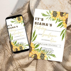 Zonnebloem verjaardagsuitnodiging sjabloon digitaal bewerkbare canva feestuitnodiging Instant Download zonnebloem thema verjaardagsversieringen