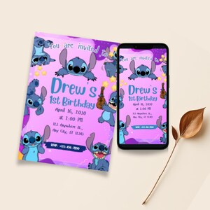 Modelo de convite de aniversário com ponto cruz digital editável Canva convite para festa de menino e menina Alien azul Disney Lilo para baixar