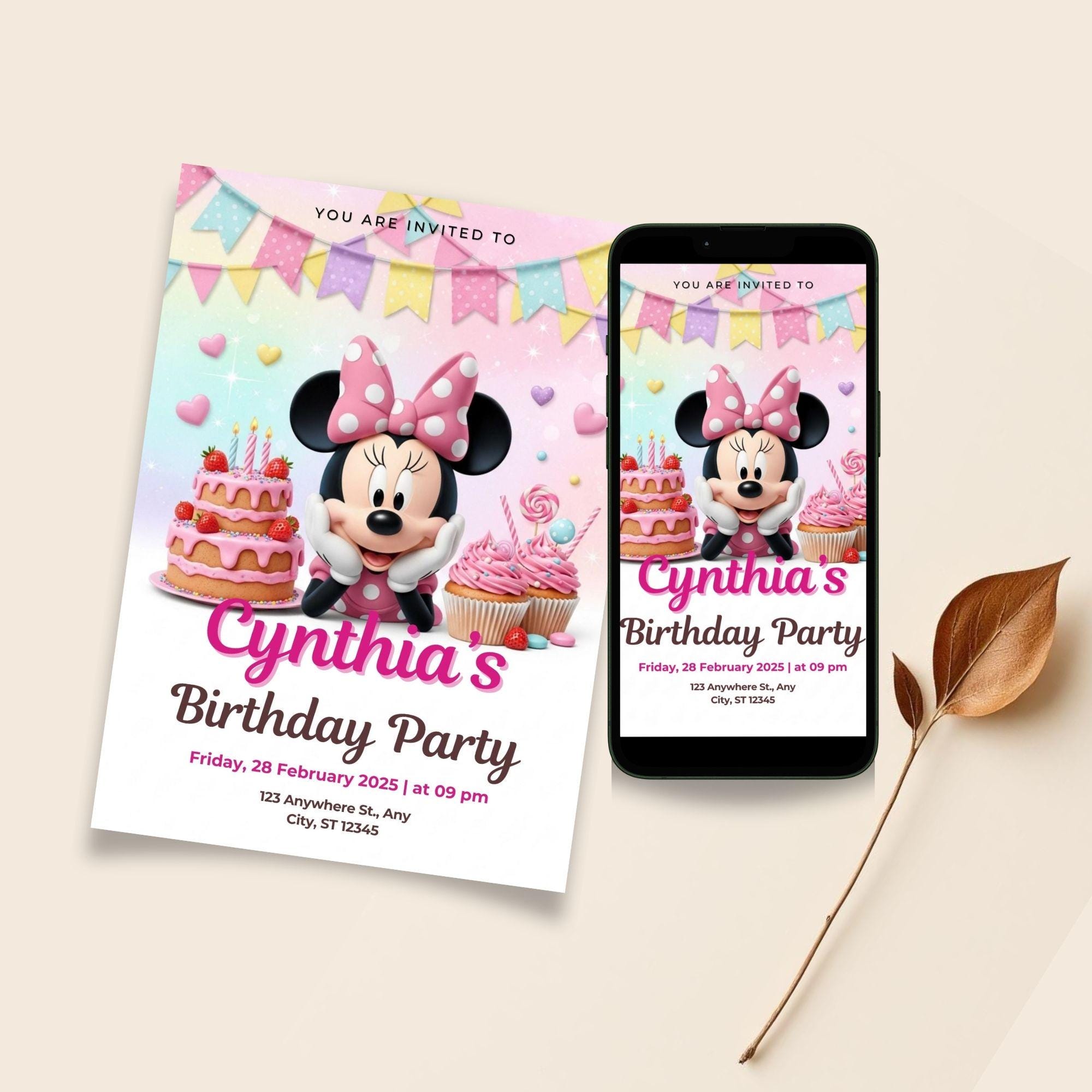 Minnie Mouse Birthday Invitation Template Editable Canva Digital ...