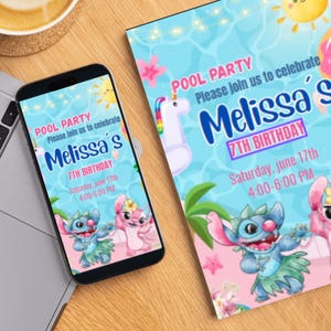Invitation d'anniversaire de fête de piscine de point pour la fille, point modifiable et invitation de piscine d'ange, Invitation d'anniversaire de partie d'Hawaï fête de fille