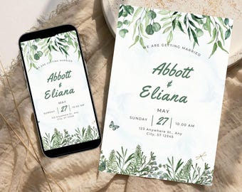 Groene aquarel huwelijksuitnodiging bewerkbare sjabloon, Canva afdrukbare digitale uitnodiging, botanische aangepaste kaart, Instant Download