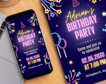 May include: A smartphone and invitation card with a dark blue background. The text "Adrian's Birthday Party" is in a neon-style font. The invitation includes the date, time, and address. Colorful star and firework graphics decorate the design.