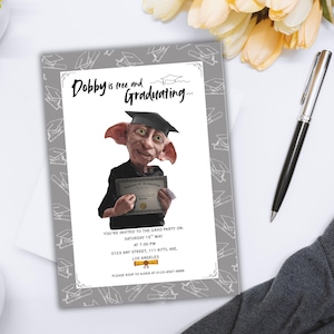 Dobby a inspiré l'invitation de remise des diplômes | Faire-part de fête numérique modifiable pour les diplômés | Carte de remise des diplômes sur le thème Harry Potter