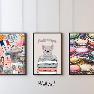 Postales y arte mural imprimibles de París: adorable bulldog francés y macarrón. Decoración de viaje para francófilos y regalos.