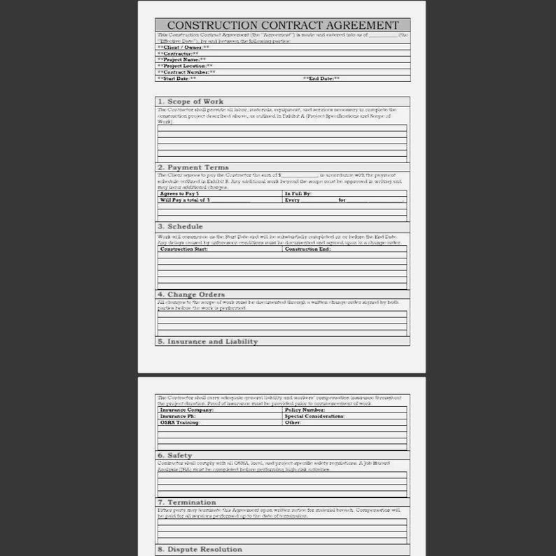 Construction Contract Agreement Template Contractor Legal Form PDF ...