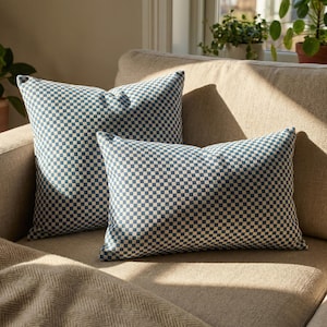 May include: Two cushions with a blue and white chequered pattern. The cushions are rectangular and square, placed on a beige sofa. The cushions add a touch of pattern and colour to the neutral-toned furniture.
