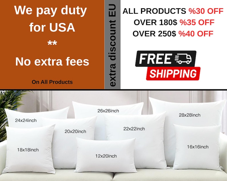 May include: A selection of white square and rectangular cushions in various sizes, including 45x45 cm, 50x50 cm, and 60x60 cm. The image also displays text indicating free shipping and duty paid for the USA.