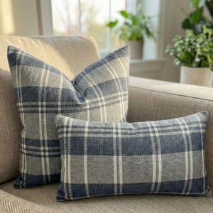 Gray and Blue Plaid Linen Throw Pillow, Euro Sham & Lumbar Cushion Cover, Farmhouse Decor